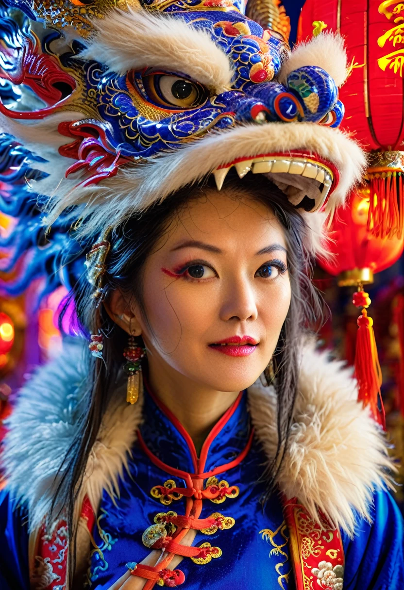 Realistic photography, outdoor, Phase One XF IQ4 150MP, Contemporary Female Lycanthrope, wearing Traditional Chinese Garb and a Dragon Mask with Fur and Corduroy images, deep indigo hair, Energetic, Neon Light, Selective focus