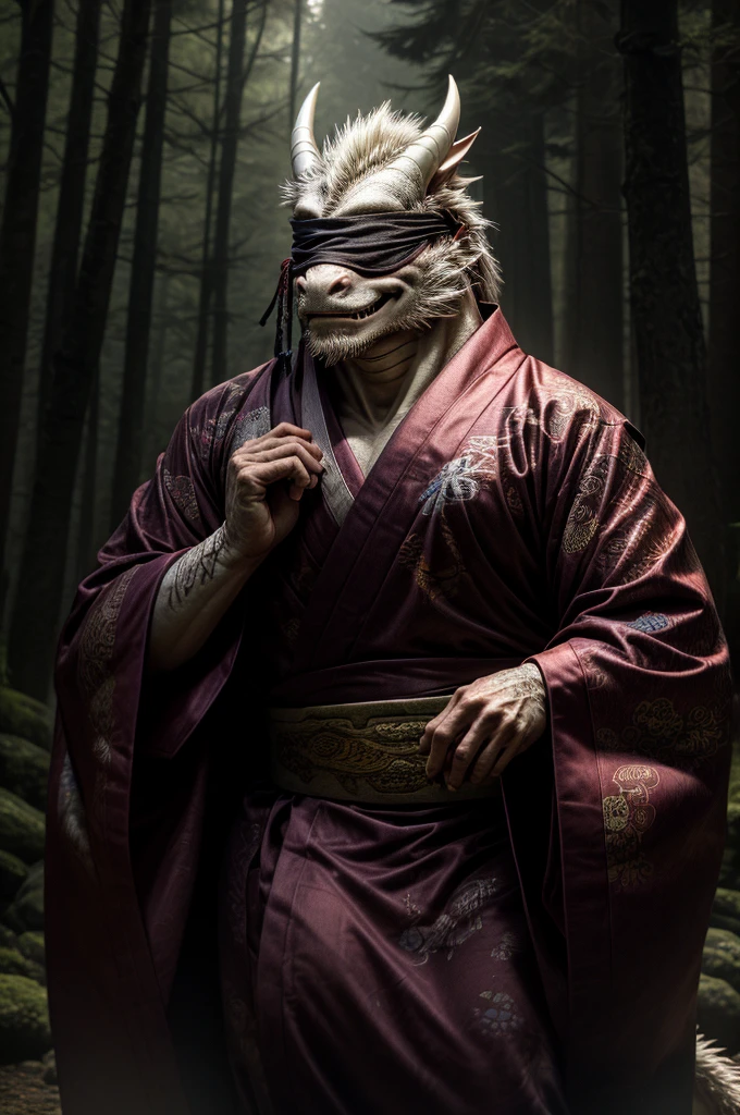 Asian white dragon, red tattoo, male, all body, realistic, (only kimono, only Blindfolded with cursed cloth, erection big huge penis,) elderly, smile, japanese forest, dark forest, spooky atmosphere, japanese torii