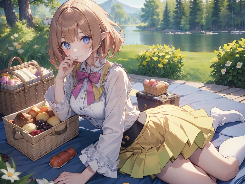 (Recall,food:1.3),(picnic:1.3),basket, Elf Ears, Park with a view, Highest quality, grassland park, blue sky, hiking, Best image quality,Perfect Anatomy,masterpiece,Ultra-detailed,beautiful,super high quality, Highest quality,High resolution, Very detailed,Game CG,Dutch Angle ,beautiful細部までこだわった目,Visual Arts,Five Fingers, Perfect hands,Hide your hands, {{{One Girl}}}, beautiful詳細な女の子, Game CG, Spring flower, One curl on the outside, Short Bob Hair, Pastel orange hair, Purple eyes,Stylish accessories solo, breast enhancement, Medium Shoot, woman, Take-out, Laughter, huge ,,Pastel green checkered mini skirt,Black knee-highs, {{{{{Wearing a pastel green camisole}}}}},Open your mouth, wonderful, beautiful細部までこだわった目, Highest quality, Very delicate,Masseter muscle area,Highest quality,(Official Art、Highest quality、Unity 8k wallpaper、32K、masterpiece、Ultra-detailed、超High resolution、Realistic、Photorealistic:1.2)、(Cinema Lighting:1.2)、Fire Glow Effect、The most grainy shadows on the film、Side light、Side Shot、(Ultra-detailedで複雑な3Dレンダリング)、Atelier Series, Multiple Girls