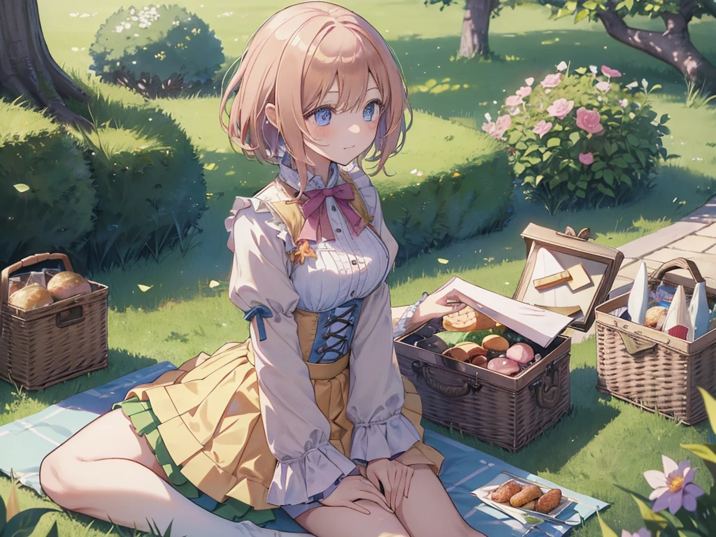 (Recall,food:1.3),(picnic:1.3),basket, Elf Ears, Park with a view, Highest quality, grassland park, blue sky, hiking, Best image quality,Perfect Anatomy,masterpiece,Ultra-detailed,beautiful,super high quality, Highest quality,High resolution, Very detailed,Game CG,Dutch Angle ,beautiful細部までこだわった目,Visual Arts,Five Fingers, Perfect hands,Hide your hands, {{{One Girl}}}, beautiful詳細な女の子, Game CG, Spring flower, One curl on the outside, Short Bob Hair, Pastel orange hair, Purple eyes,Stylish accessories solo, breast enhancement, Medium Shoot, woman, Take-out, Laughter, huge ,,Pastel green checkered mini skirt,Black knee-highs, {{{{{Wearing a pastel green camisole}}}}},Open your mouth, wonderful, beautiful細部までこだわった目, Highest quality, Very delicate,Masseter muscle area,Highest quality,(Official Art、Highest quality、Unity 8k wallpaper、32K、masterpiece、Ultra-detailed、超High resolution、Realistic、Photorealistic:1.2)、(Cinema Lighting:1.2)、Fire Glow Effect、The most grainy shadows on the film、Side light、Side Shot、(Ultra-detailedで複雑な3Dレンダリング)、Atelier Series, Multiple Girls