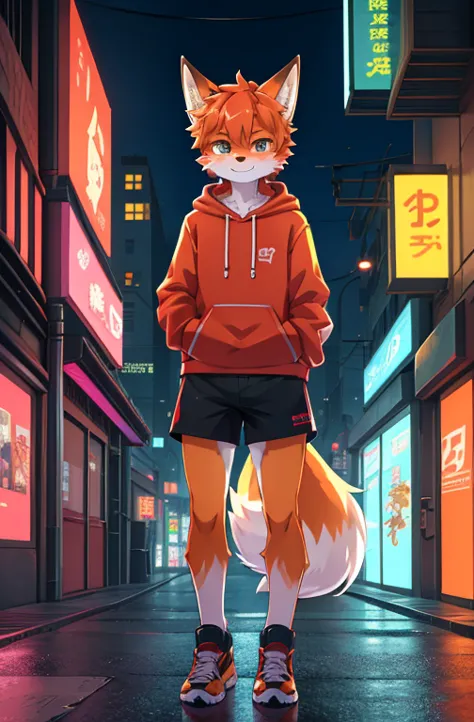 Anime style image of a boy standing on the street wearing a hoodie and shorts., fox man, Colorful fox town, 4K anime style, Anim...