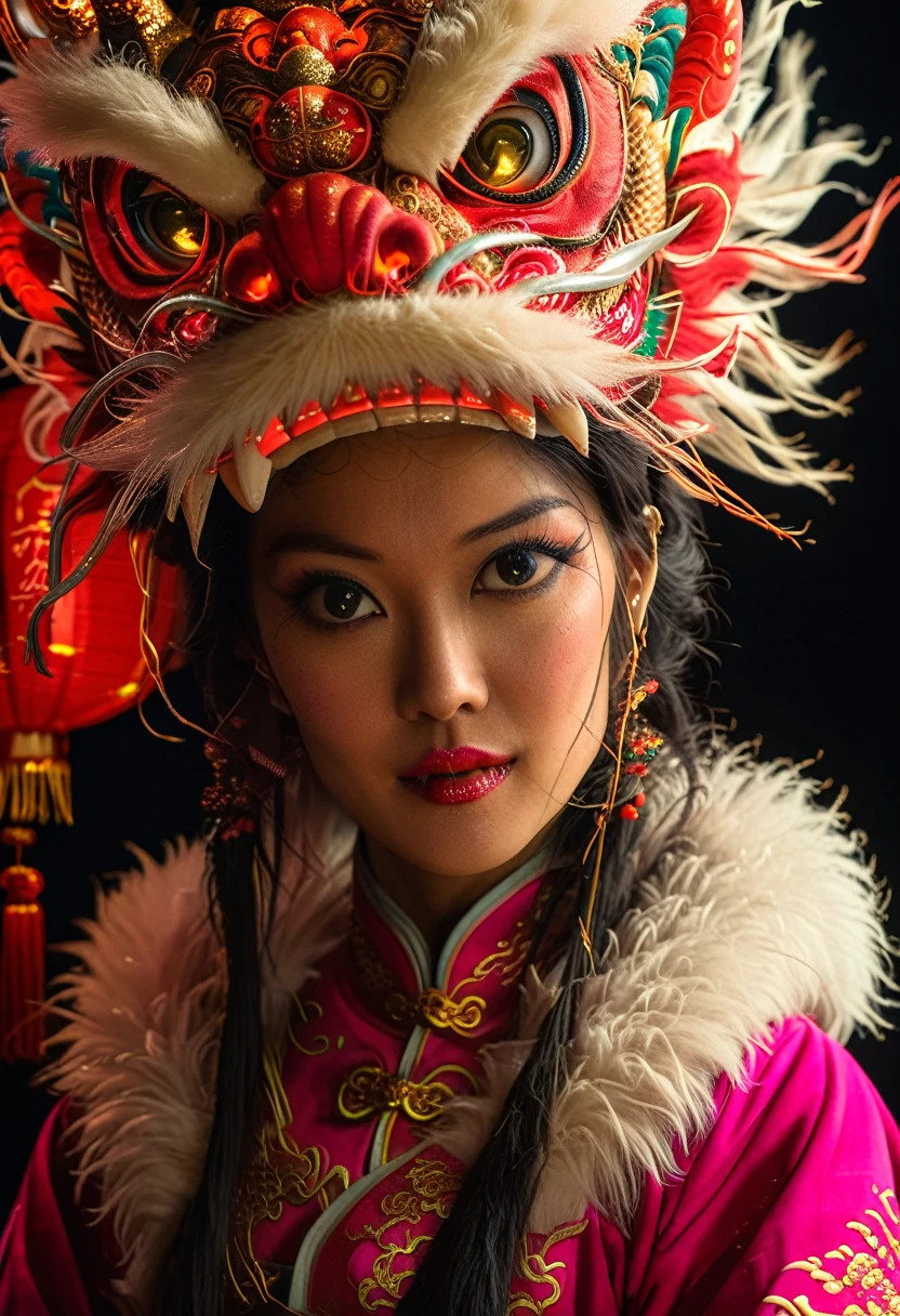 Realistic photography, cinematic, dark background, Phase One XF IQ4 150MP, Contemporary Female Lycanthrope, wearing Traditional Chinese Garb and a Dragon Mask with Fur and Corduroy images, black hair, Energetic, Neon Light, Selective focus