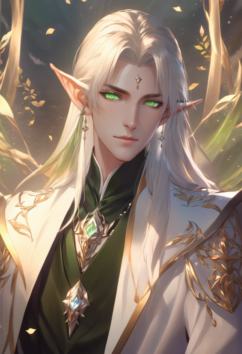 anime - style image of Male Elf with white hair and green eyes, a portrait of Male Elf, Beautiful male elf, Male Elf, Kashmir Art, elven character with smirk, Elf portrait, keqing from Genshin Impact impact, Beautiful androgynous prince, Genshin Impact, A delicate androgynous prince, Elden Ring&#39;s Elves