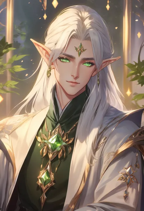 anime - style image of male elf with white hair and green eyes, a portrait of male elf, beautiful male elf, male elf, kashmir ar...