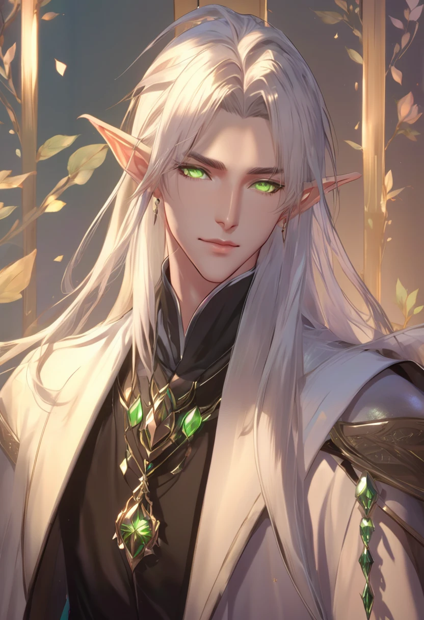 anime - style image of Male Elf with white hair and green eyes, a portrait of Male Elf, Beautiful male elf, Male Elf, Kashmir Art, elven character with smirk, Elf portrait, keqing from Genshin Impact impact, Beautiful androgynous prince, Genshin Impact, A delicate androgynous prince, Elden Ring&#39;s Elves