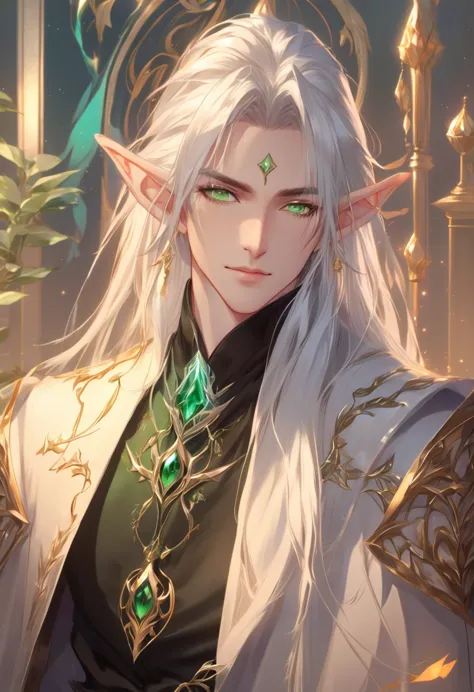 anime - style image of male elf with white hair and green eyes, a portrait of male elf, beautiful male elf, male elf, kashmir ar...