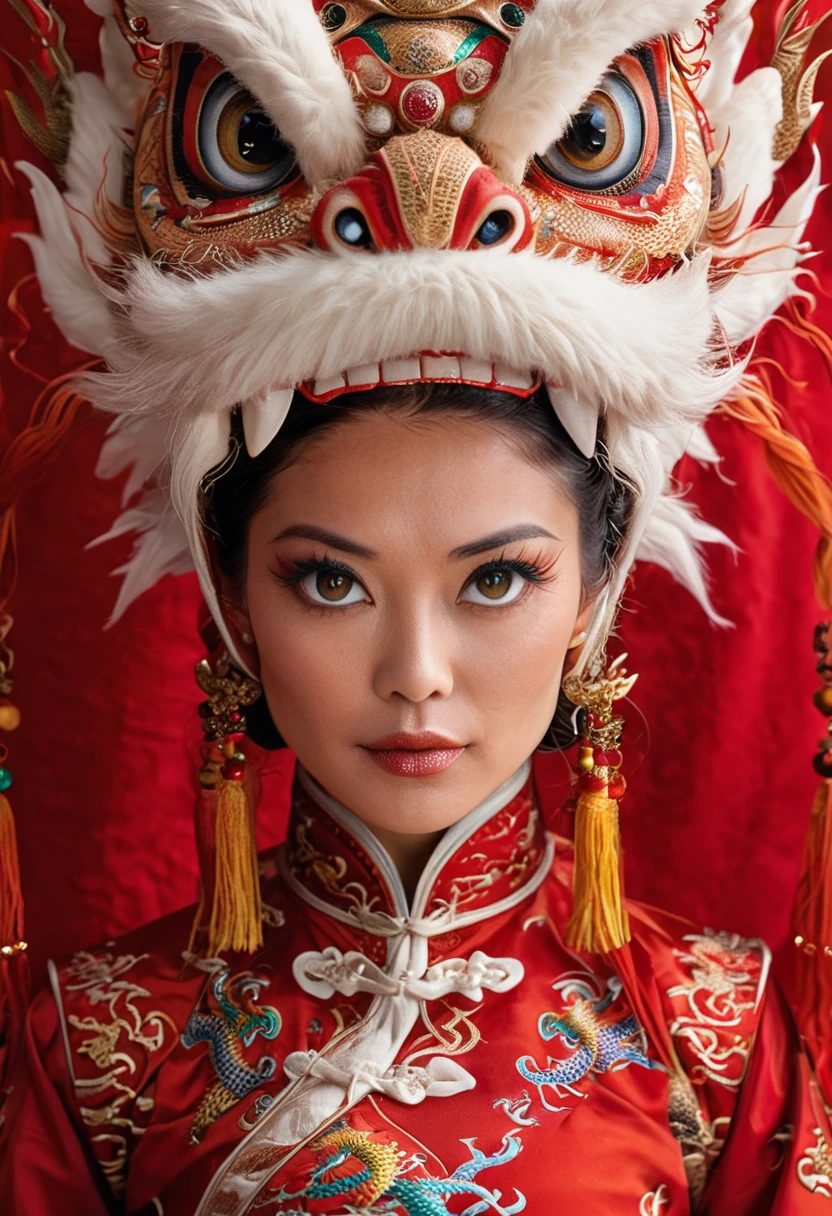 Realistic photography, cinematic, Phase One XF IQ4 150MP, Contemporary Female Lycanthrope, wearing Traditional Chinese Garb and a Dragon Mask with Fur and Corduroy images, black hair, Energetic, Selective focus