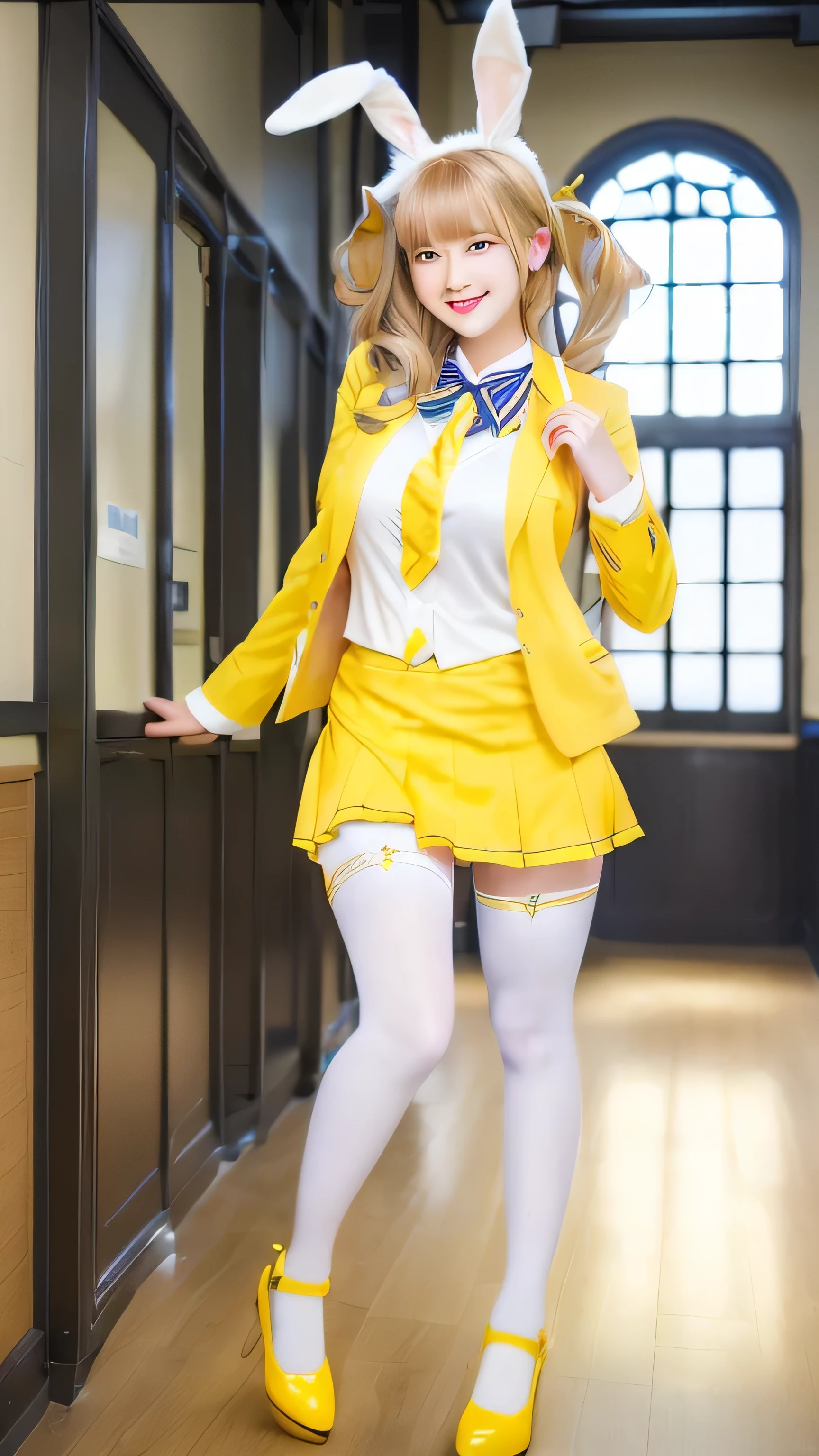 chica con un atuendo amarillo, orejas de conejo y medias blancas, uniforme de estudiante de la escuela mágica