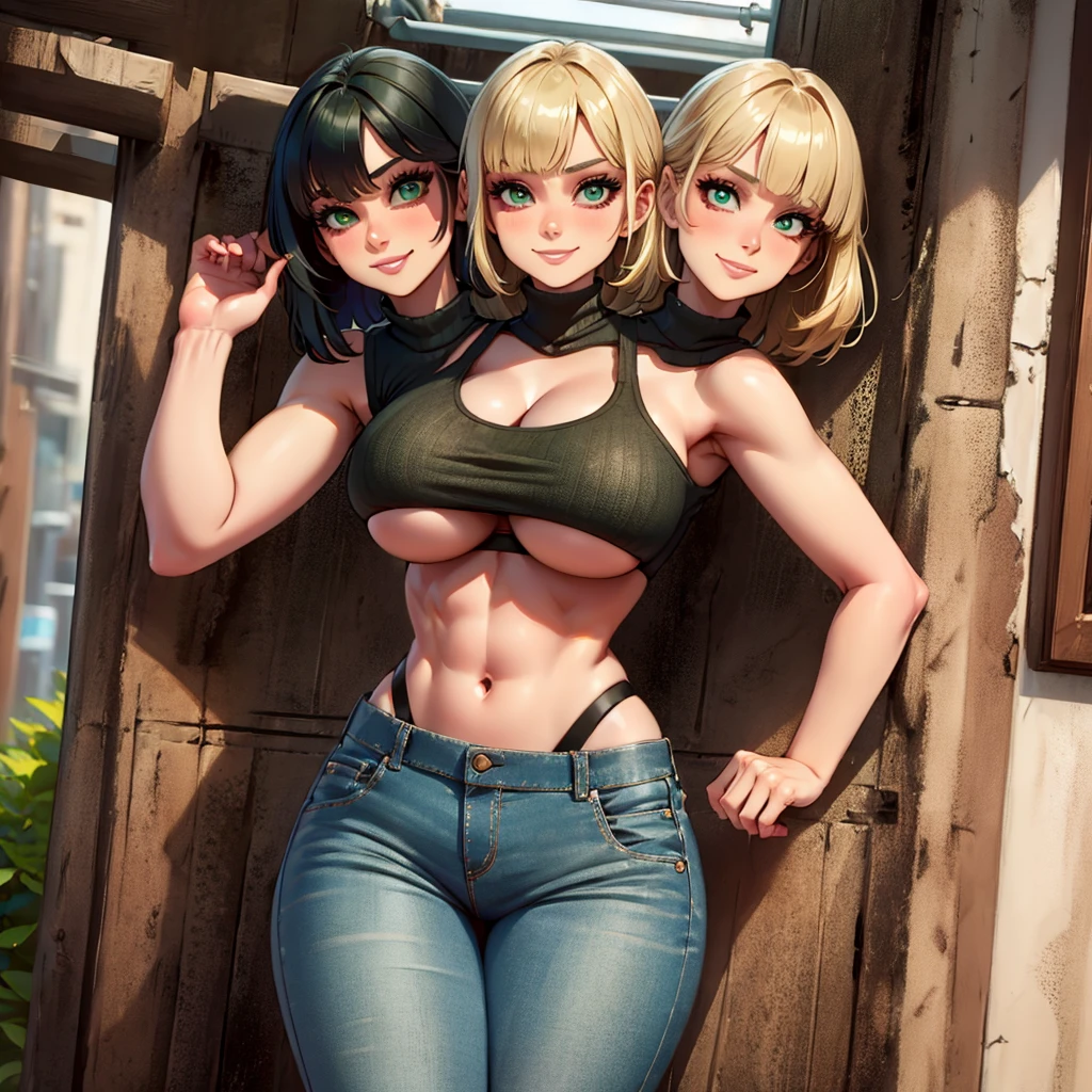 best quality, (solo:1.2), masterpiece),(ultra-detailed), (high quality), (high resolution), ((2heads:1.5)), best quality:1.5, highres, UHD, 16K), two headed woman, smiling, highres, masterpiece, blonde hair with fringe and bangs, toned body, green crop top, skinny jeans, exposed midriff, perfect makeup, busty, soft skin, 