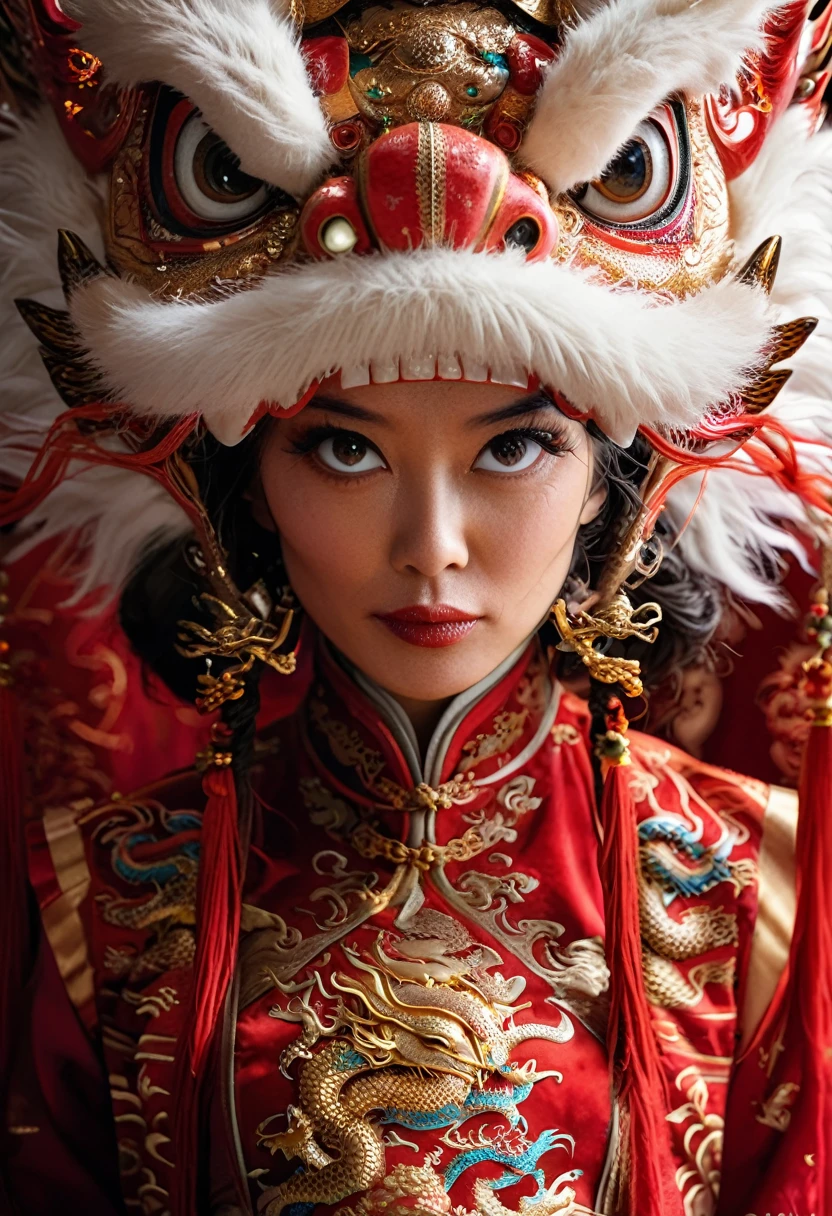 Realistic photography, cinematic, dark theme, Phase One XF IQ4 150MP, Contemporary Female Lycanthrope, wearing Traditional Chinese Garb and a Dragon Mask with Fur and Corduroy images, black hair, Energetic, Selective focus