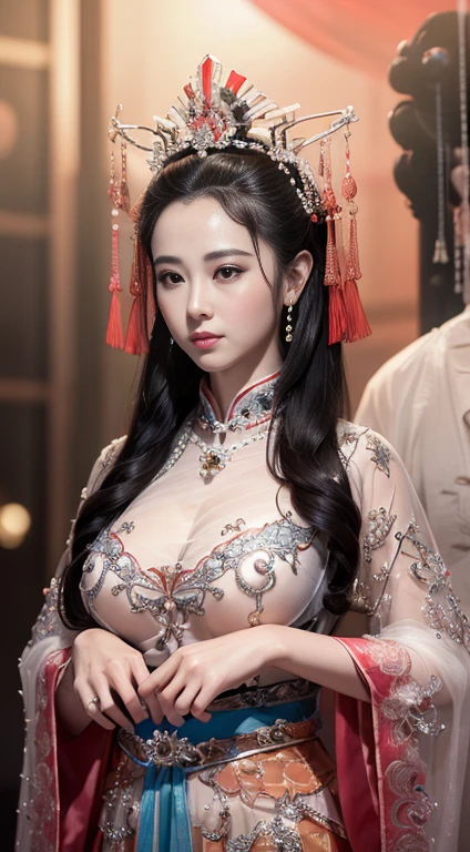 masterpiece, best quality, 1 girl, ((Large Breasts)， Long hair，(Siamese transparent black silk)，(On clothes，There are pearls，Three circles, )，Looking at the audience, (precise、Perfect face shape:1.3)，（Beautiful fingers），(Crotch front display)，Ultra HD，Ray Tracing,，reflected light， Correct structure，The award-winning，High Detail，Reduce shadow contrast，Facial lighting ，Cinema Lighting，masterpiece，Super Detail，high quality，High Detail， best quality，16K，High contrast，A young woman plays, Chinese Empress, yun ling, song nan li, , gujian,  zhao yun, Chinese Princess