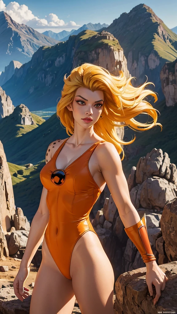 Cheetara, Thundercats, sexy girl, poderosa, half naked, cheetah skin, classic costume, dressed whit leotard, brazaletes color dorado adornados, botas color naranja adornadas, tiene la espada del augurio en su mano, YOUNG, skynny body, small and beautiful buttocks, toned abdomen, small and beautiful breasts, obscene, sensual, malevolent, mountains in the background, dramatic background, nubes, ciudad de thundera, pose de batalla, partículas de luz, rayos, energia, el cielo esta resplandeciente, el sol ilumina su belleza, sensual look, cuerpo completo, beautiful green eyes, classic hairstyle,Hair dyed in bright blonde color, best quality,4k,8k,A high resolution,masterpiece,ultra detailed,Realistic, Photorealistic,photo realistic