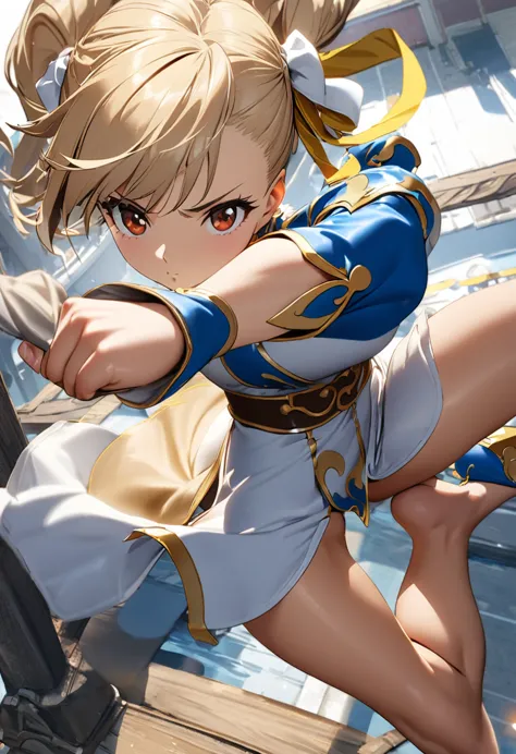 1girl, big , blonded hair, nice perspective, nice details, full render, abs, from above, chun li, kicking