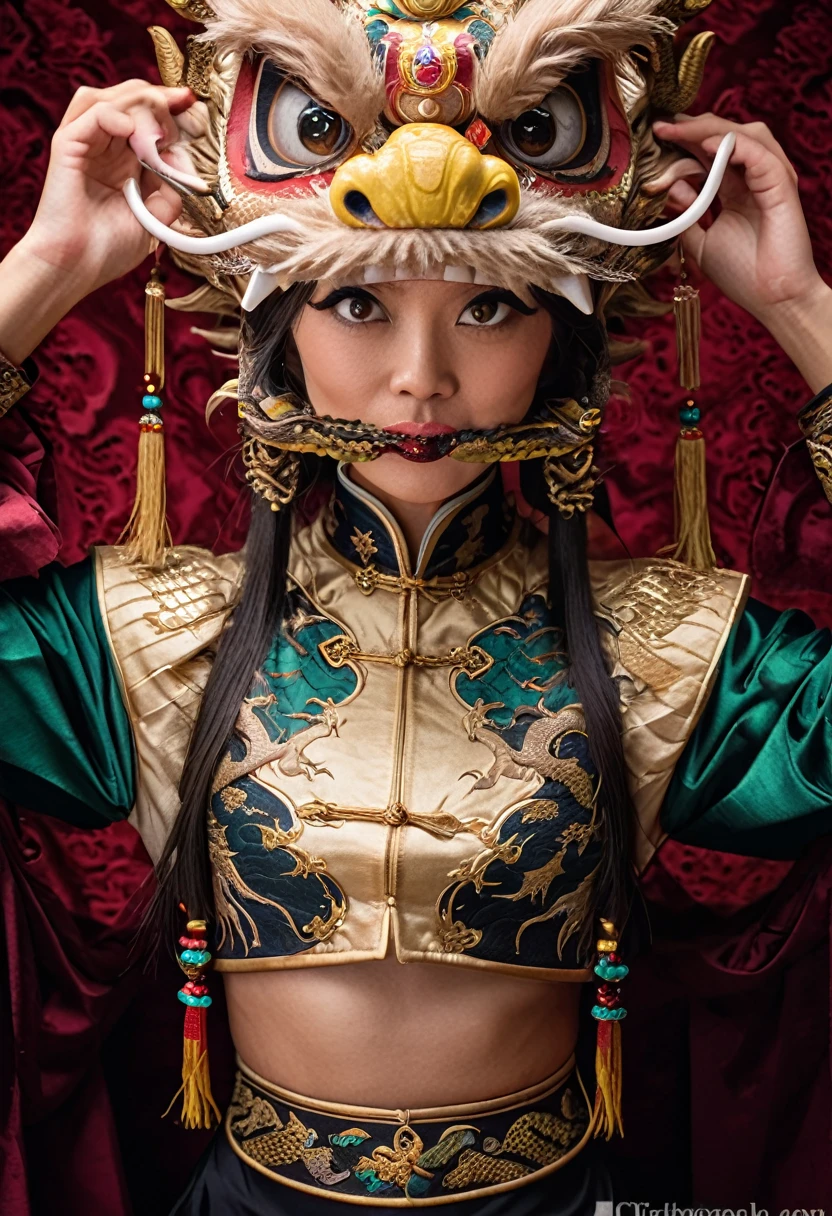 Realistic photography, cinematic, black theme, Phase One XF IQ4 150MP, Contemporary Female Lycanthrope, wearing Traditional Chinese Garb and a Dragon Mask with Fur and Corduroy images, black hair, Energetic, Selective focus