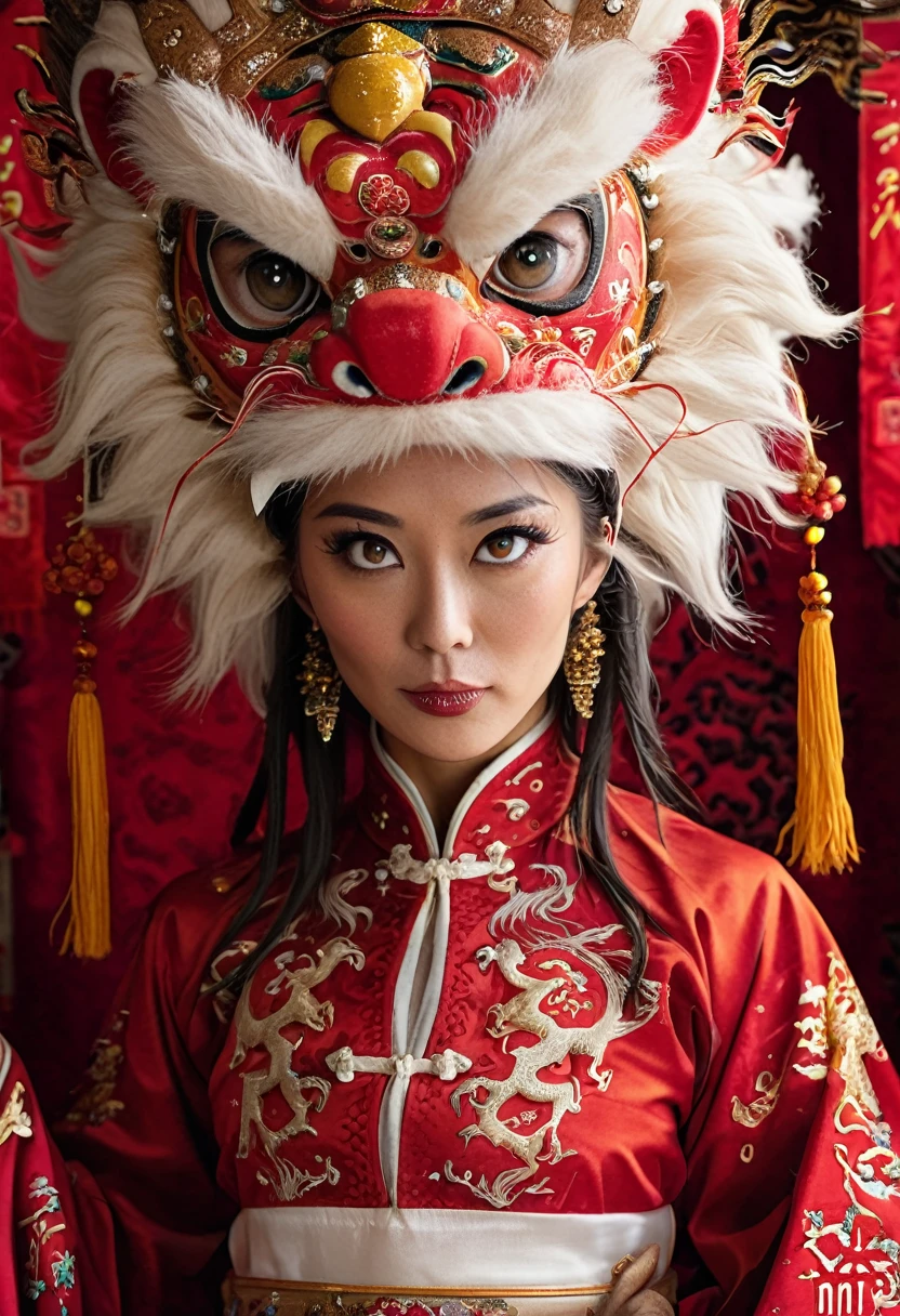 Realistic photography, cinematic, black theme, Phase One XF IQ4 150MP, Contemporary Female Lycanthrope, wearing Traditional Chinese Garb and a Lion Mask with Fur and Corduroy images, black hair, Energetic, Selective focus