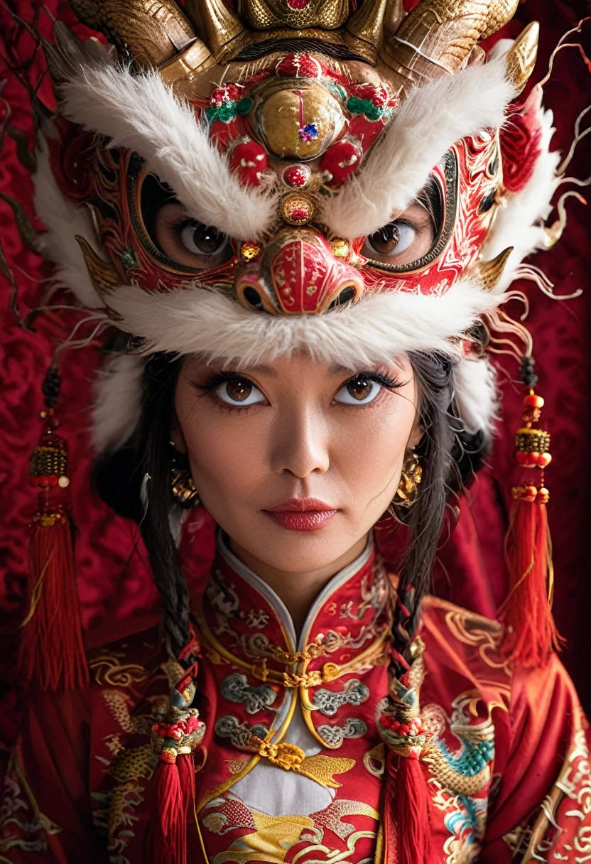 Realistic photography, cinematic, black theme, Phase One XF IQ4 150MP, Contemporary Female Lycanthrope, wearing Traditional Chinese Garb and a Dragon Mask with Fur and Corduroy images, black hair, Energetic, Selective focus