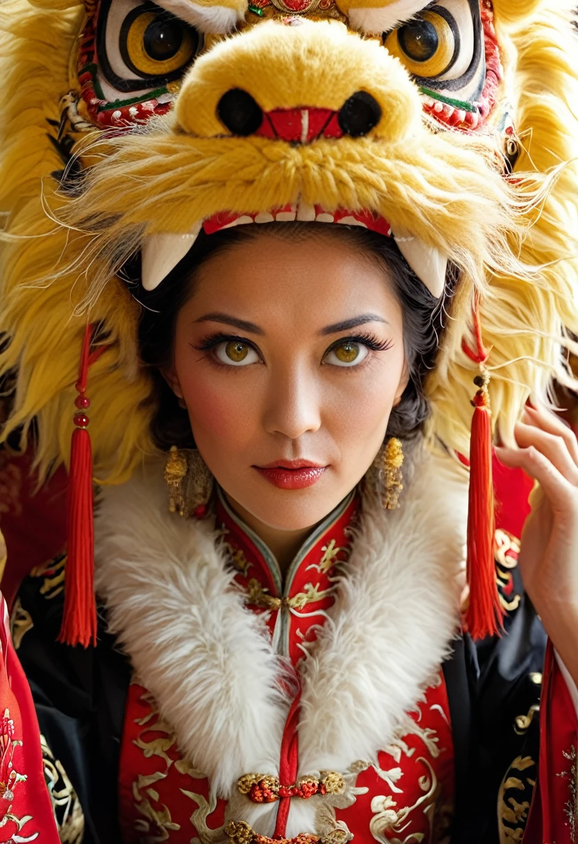 Realistic photography, cinematic, yellow and black, Phase One XF IQ4 150MP, Contemporary Female Lycanthrope, wearing Traditional Chinese Garb and a Lion Mask with Fur and Corduroy images, black hair, Energetic, Selective focus