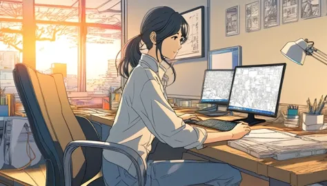 there is a woman sitting at a desk with a laptop and a monitor, japanese illustrator, detailed 2d illustration, makoto shinkai. ...