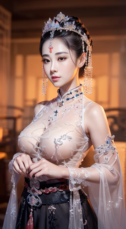 masterpiece, best quality, 1 girl, ((Large Breasts)， Long hair，(Siamese transparent black silk)，(On clothes，There are pearls，Three circles, )，Looking at the audience, (precise、Perfect face shape:1.3)，（Beautiful fingers），(Crotch front display)，Ultra HD，Ray Tracing,，reflected light， Correct structure，The award-winning，High Detail，Reduce shadow contrast，Facial lighting ，Cinema Lighting，masterpiece，Super Detail，high quality，High Detail， best quality，16K，High contrast，A young woman plays, Chinese Empress, yun ling, song nan li, , gujian,  zhao yun, Chinese Princess