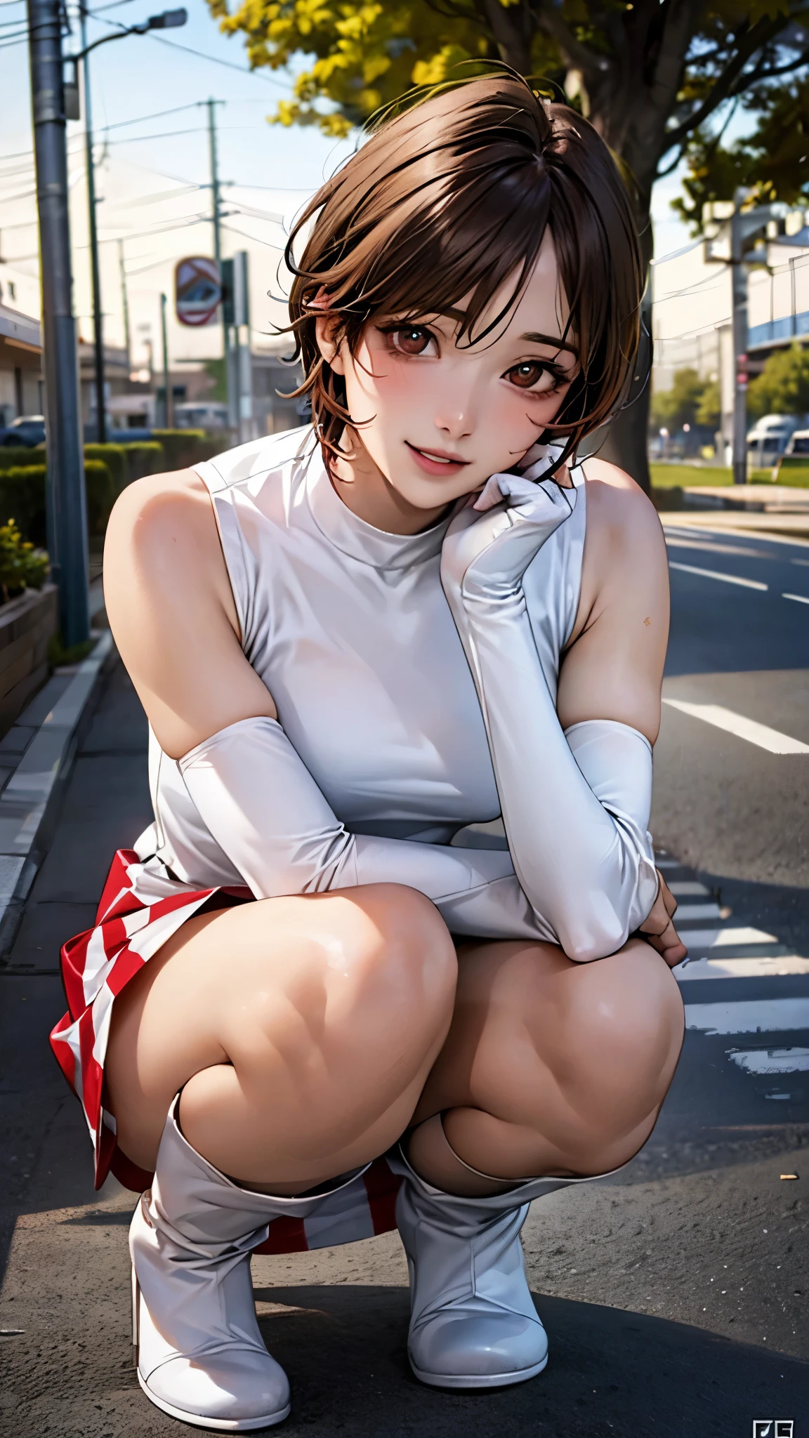 (masterpiece:1.2, top-quality), (realistic, photorealistic:1.4), beautiful illustration, (natural side lighting, movie lighting), nsfw, 
beautiful hair, beautiful face, beautiful detailed eyes, beautiful clavicle, beautiful body, beautiful chest, beautiful thigh, beautiful legs, beautiful fingers, 
looking at viewer, 1 girl, reiko, race queen, (perfect anatomy, anatomically correct, super detailed skin), perfect face, parfect eyes, cute and symmetrical face, shiny skin, 
(short hair, brown hair), parted bangs, brown eyes, long eye lasher, (medium breasts, seductive thighs), 
short dress, elbow gloves, white footwear, knee boots, 
(beautiful scenery), evening, (tree-lined street), squatting, (lovely smile, upper eyes, parted lips),