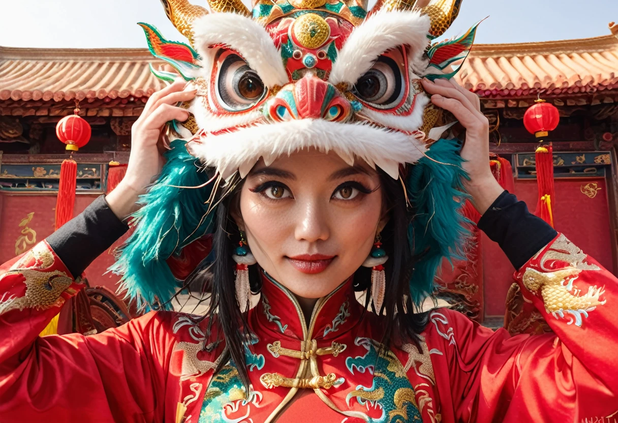 Realistic photography, cinematic, black costume, Phase One XF IQ4 150MP, Contemporary Female Lycanthrope, wearing Traditional Chinese Garb and a dragon Mask with Fur and Corduroy images, black hair, Energetic, Selective focus