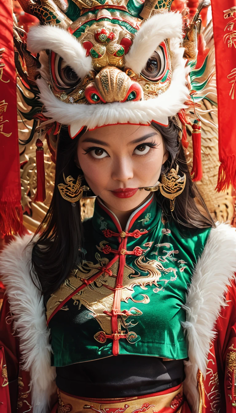 Realistic photography, cinematic, black costume, Phase One XF IQ4 150MP, Contemporary Female Lycanthrope, wearing Traditional Chinese Garb and a dragon Mask with Fur and Corduroy images, black hair, Energetic, Selective focus