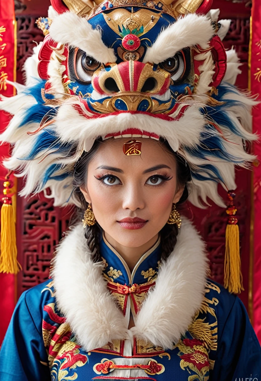 Realistic photography, cinematic, Navy Blue, Phase One XF IQ4 150MP, Contemporary Female Lycanthrope, wearing Traditional Chinese Garb and a Lion Mask with Fur and Corduroy images, black hair, Energetic, Selective focus