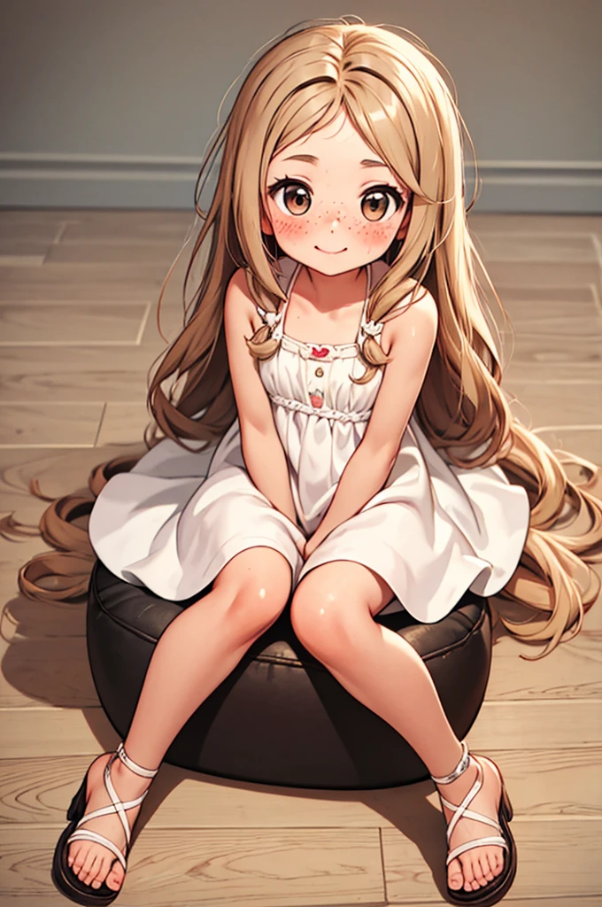 Chibi , full body , big hazel eyes , long wavy hair without bangs , blondie , white summer dress with straps , pretty sandals , blush face , sitting on the floor with a white with tan marks shihtzu dog, smiling face , cute freckles