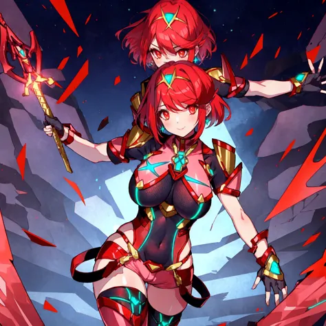 pyra \(xenoblade\), young_teen_1girl, armor, bangs, black gloves, breasts, red eyes, closed mouth, earrings, eyelashes, fingerle...