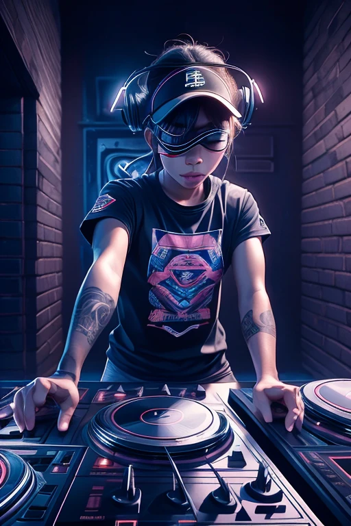 (Highly detailed CG Unity 8k wallpaper), The most beautiful works of art in the world,A blindfolded man is playing a game, Portrait of Tadashi Nakayama, Flicker, funk art, Turntablist, portrait of lucha libre DJ, turntablism DJ scratching, DJ, DJ set, DJ rave , DJ at a , Photo of three laborers, DJ sura, DJing with DJ turntables