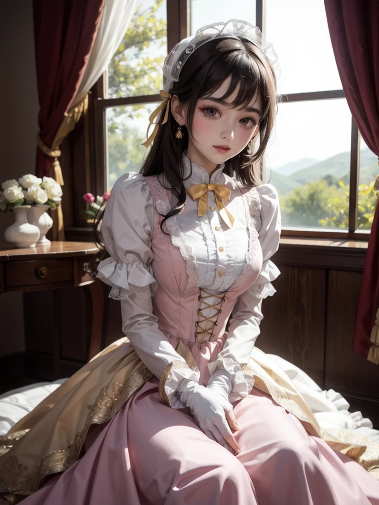 (1girl)wearing a skirt, best quality, looking at the audience,,colorful,light sweetlolita at bedroomgothic gothic interior, yellow dress fabric,  heart shape on cheek, blush pink makeup, gloves, smile, pastel color, ornate,