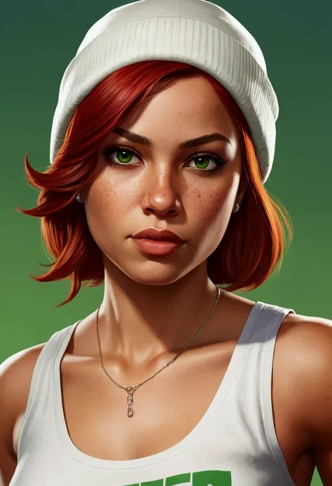 Make a redhead Latina girl character with a white tank top in a portrait  style - SeaArt AI