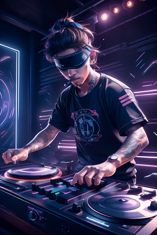 (Highly detailed CG Unity 8k wallpaper), The most beautiful works of art in the world,A blindfolded man is playing a game, Portrait of Tadashi Nakayama, Flicker, funk art, Turntablist, portrait of lucha libre DJ, turntablism DJ scratching,  Lots of tattoos,(Holding a cigarette),Large crowd in the background,Party Time,DJ, DJ set, DJ rave party, DJ at a , Photo of three laborers, DJ sura, DJing with DJ turntables