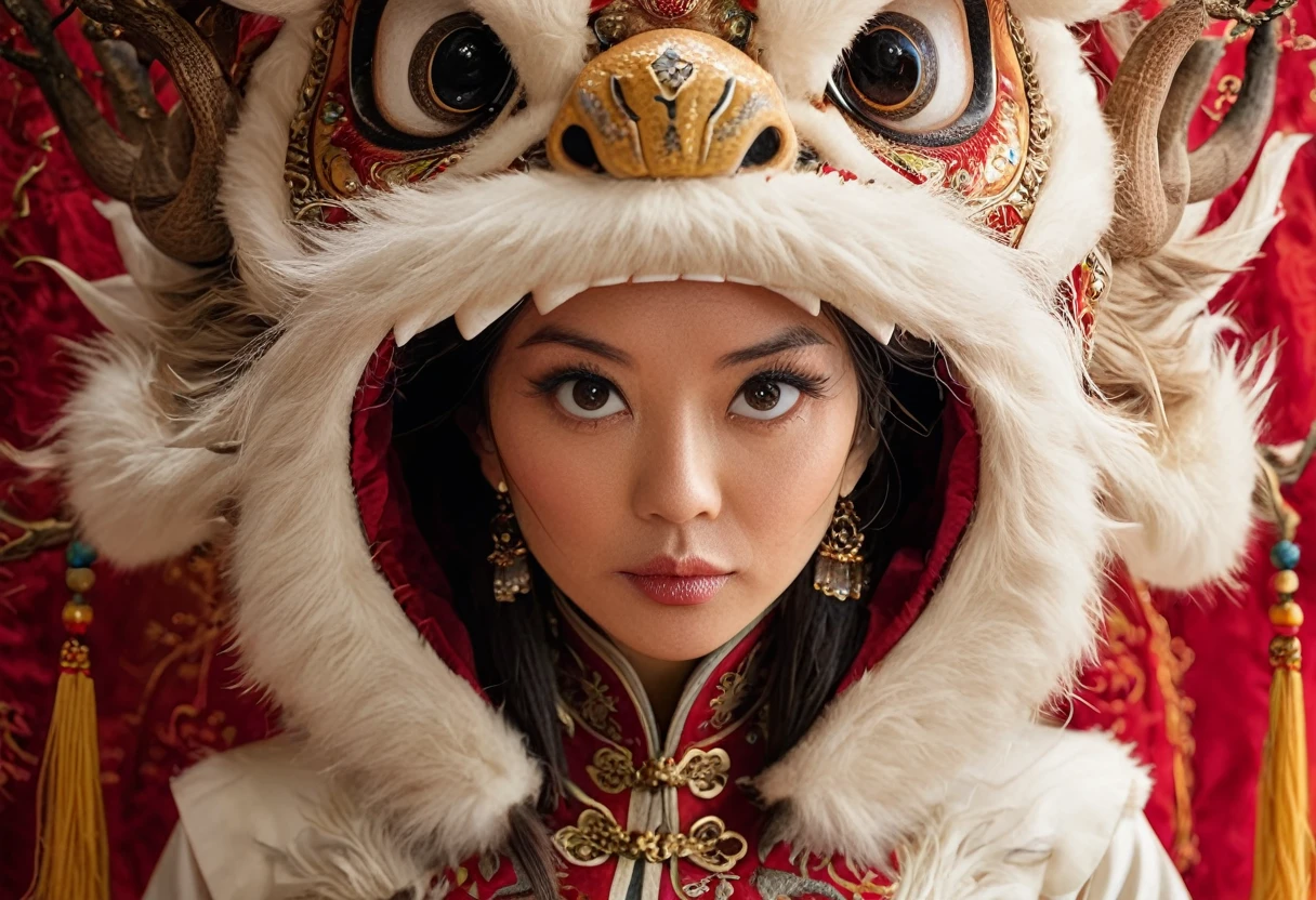 Realistic photography, cinematic, beige costume, Phase One XF IQ4 150MP, Contemporary Female Lycanthrope, wearing Traditional Chinese Garb and a Boar Mask with Fur and Corduroy images, black hair, Energetic, Selective focus