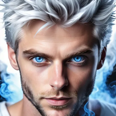 (best quality, highres, ultra-detailed, realistic:1.37), close-up portrait of a handsome man, with bright, shining blue eyes emi...