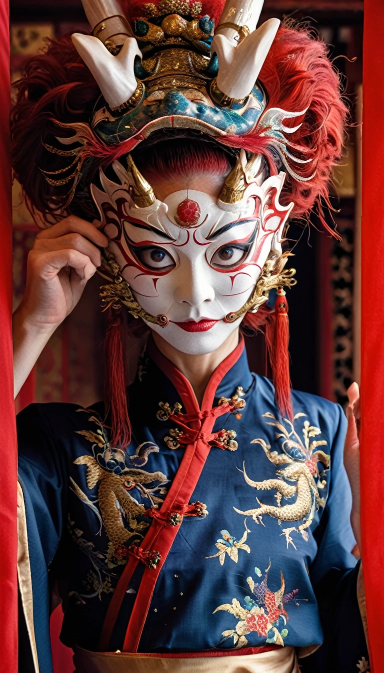 Realistic photography, cinematic, Navy Blue, Phase One XF IQ4 150MP, Contemporary Female, wearing Traditional Japanese Garb and a Kabuki Mask with red hair, black hair woman, Energetic, Selective focus