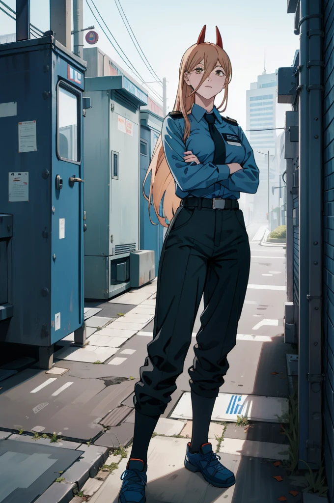 a street view of a woman in blue police uniform standing in street, 1girl, power (chainsaw man), police uniform, police, uniform, crossed arms, horns, breasts, solo, shirt, looking at viewer, pants, collared shirt, long hair, black pants, hair between eyes, belt, blue shirt, outdoors, policewoman