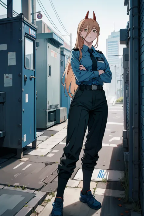 a street view of a woman in blue police uniform standing in street, 1girl, power (chainsaw man), police uniform, police, uniform...