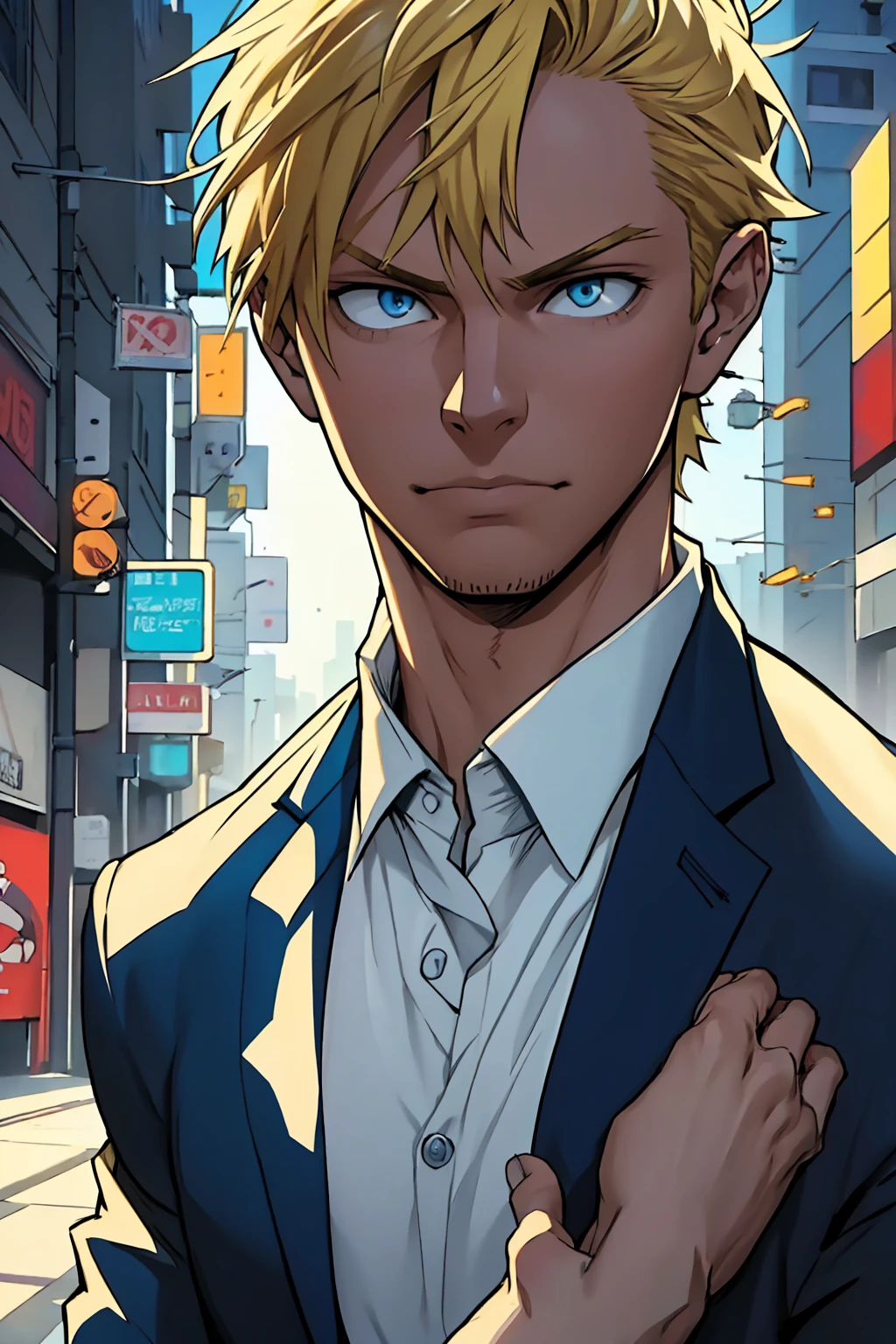 A man, blond hair, piercing blue eyes, detailed facial features, handsome, well-groomed, distinguished, confident expression, smart casual outfit, urban city background, my hero academy art style, boku no hero art , 8k, high quality, masterpiece, dramatic lighting, cinematic, vivid colors