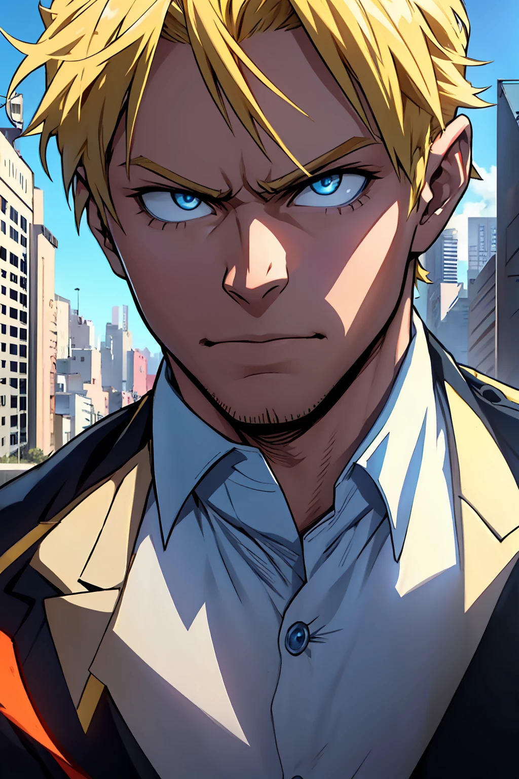 A man, blond hair, piercing blue eyes, detailed facial features, handsome, well-groomed, distinguished, confident expression, smart casual outfit, urban city background, my hero academy art style, boku no hero art , 8k, high quality, masterpiece, dramatic lighting, cinematic, vivid colors