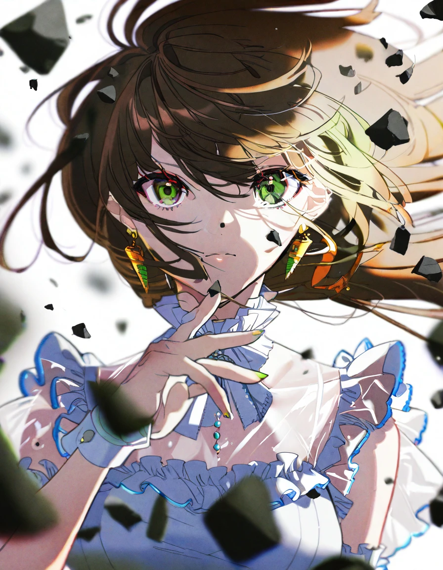 1girl, hand up, upper body, debris, solo, long hair, looking at viewer, see-through, hair between eyes, green eyes, brown hair, floating hair, bangs, closed mouth, wrist cuffs, short sleeves, earrings, jewelry, frills, blurry, chromatic aberration, white background, amazing quality, detailed, 