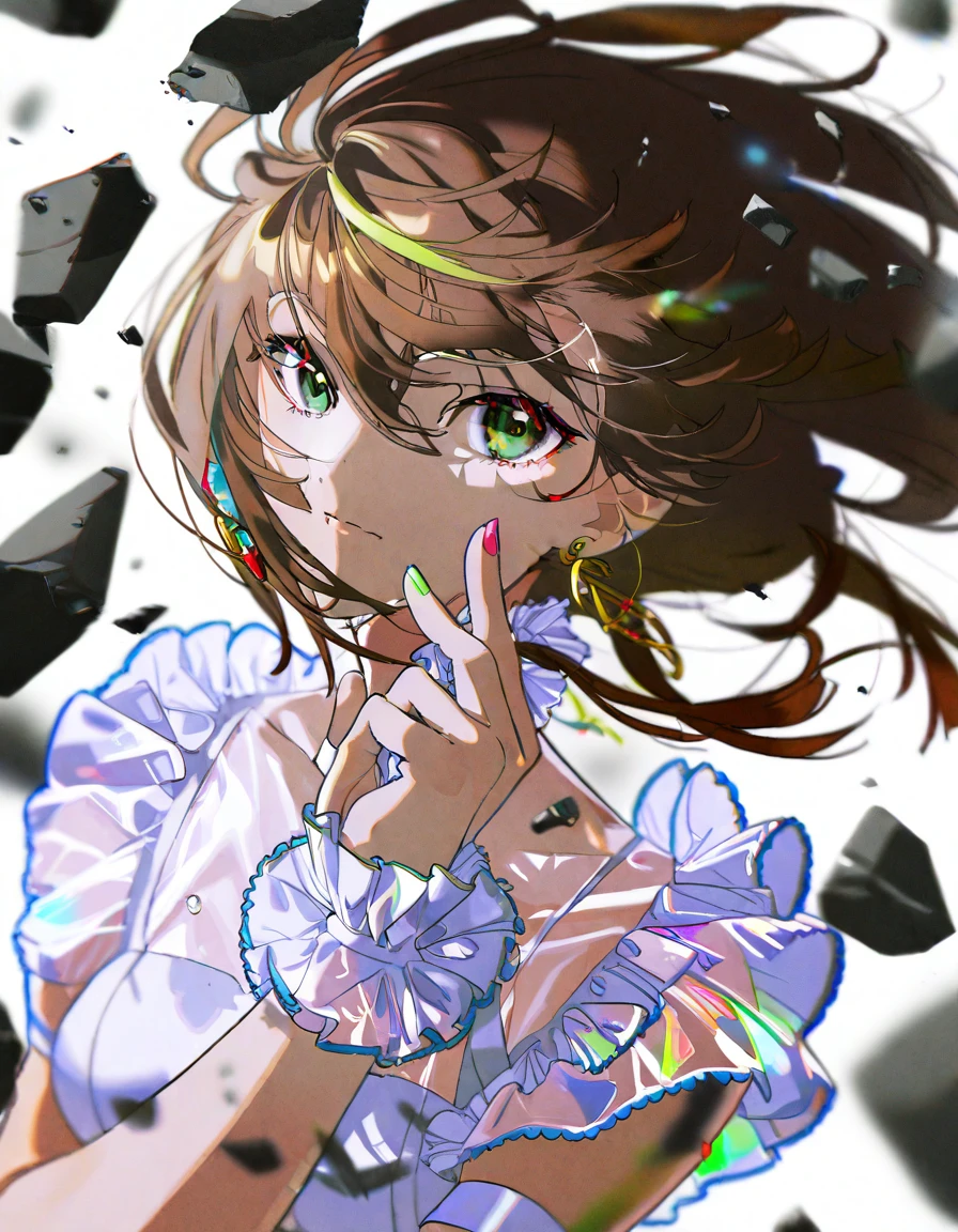 1girl, hand up, upper body, debris, solo, long hair, looking at viewer, see-through, hair between eyes, green eyes, brown hair, floating hair, bangs, closed mouth, wrist cuffs, short sleeves, earrings, jewelry, frills, blurry, chromatic aberration, white background, amazing quality, detailed, 