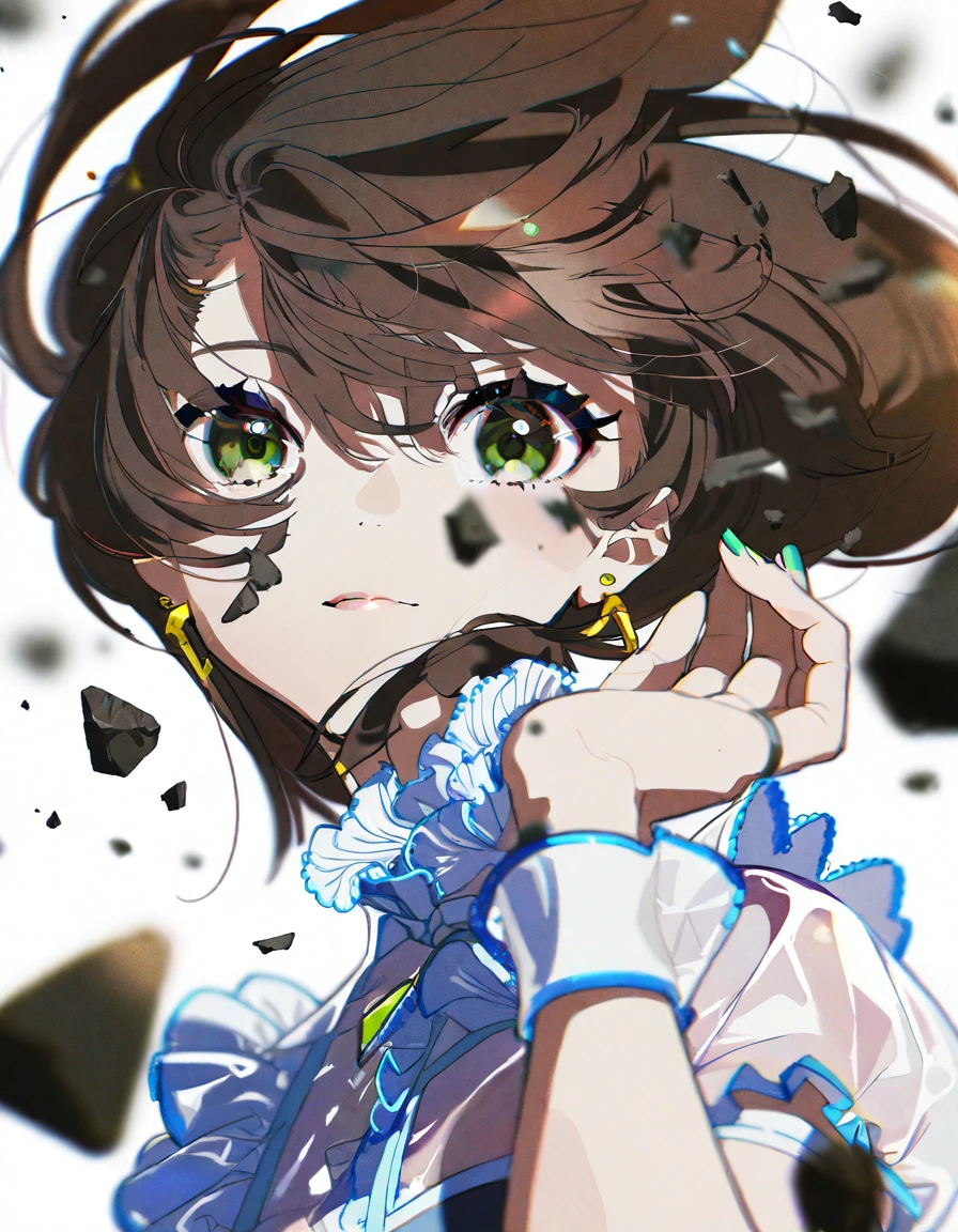 1girl, hand up, upper body, debris, solo, long hair, looking at viewer, see-through, hair between eyes, green eyes, brown hair, floating hair, bangs, closed mouth, wrist cuffs, short sleeves, earrings, jewelry, frills, blurry, chromatic aberration, white background, amazing quality, detailed, 