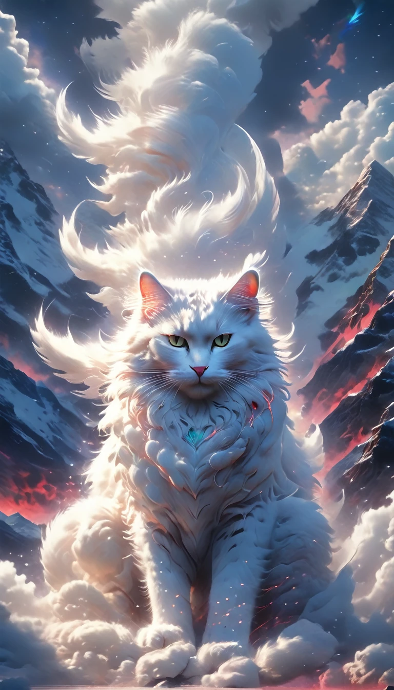 um gato gigante, fofo e branco, parecido com uma nuvem, entre montanhas, textura peluda detalhada, Iluminação e sombras realistas, cores vibrantes, composição cinematográfica dramática, detalhes intrincados, cena de fantasia, arte digital premiada