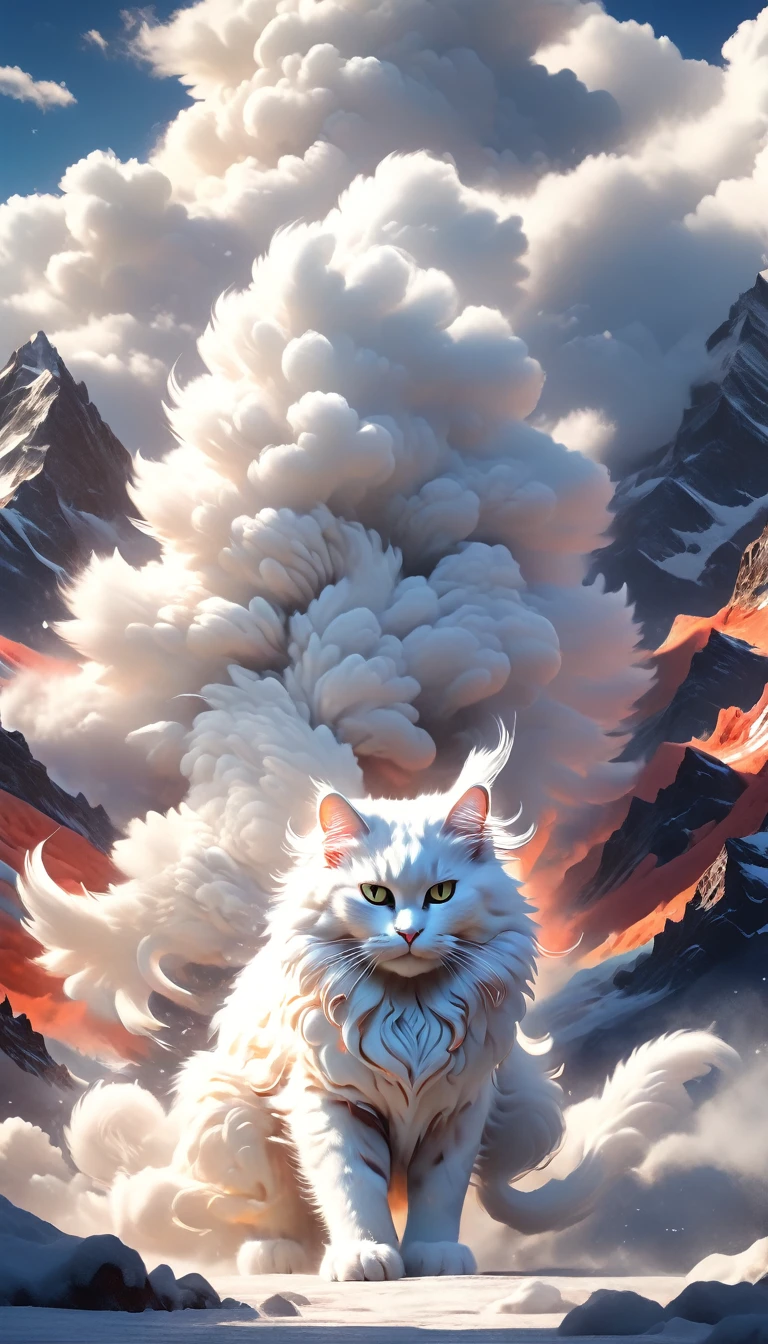 un gato gigante y esponjoso con forma de nube blanca entre montañas, textura peluda detallada, Iluminación y sombras realistas., Colores vibrantes, composición cinematográfica dramática, detalles intrincados, escena de fantasia, Arte digital galardonado