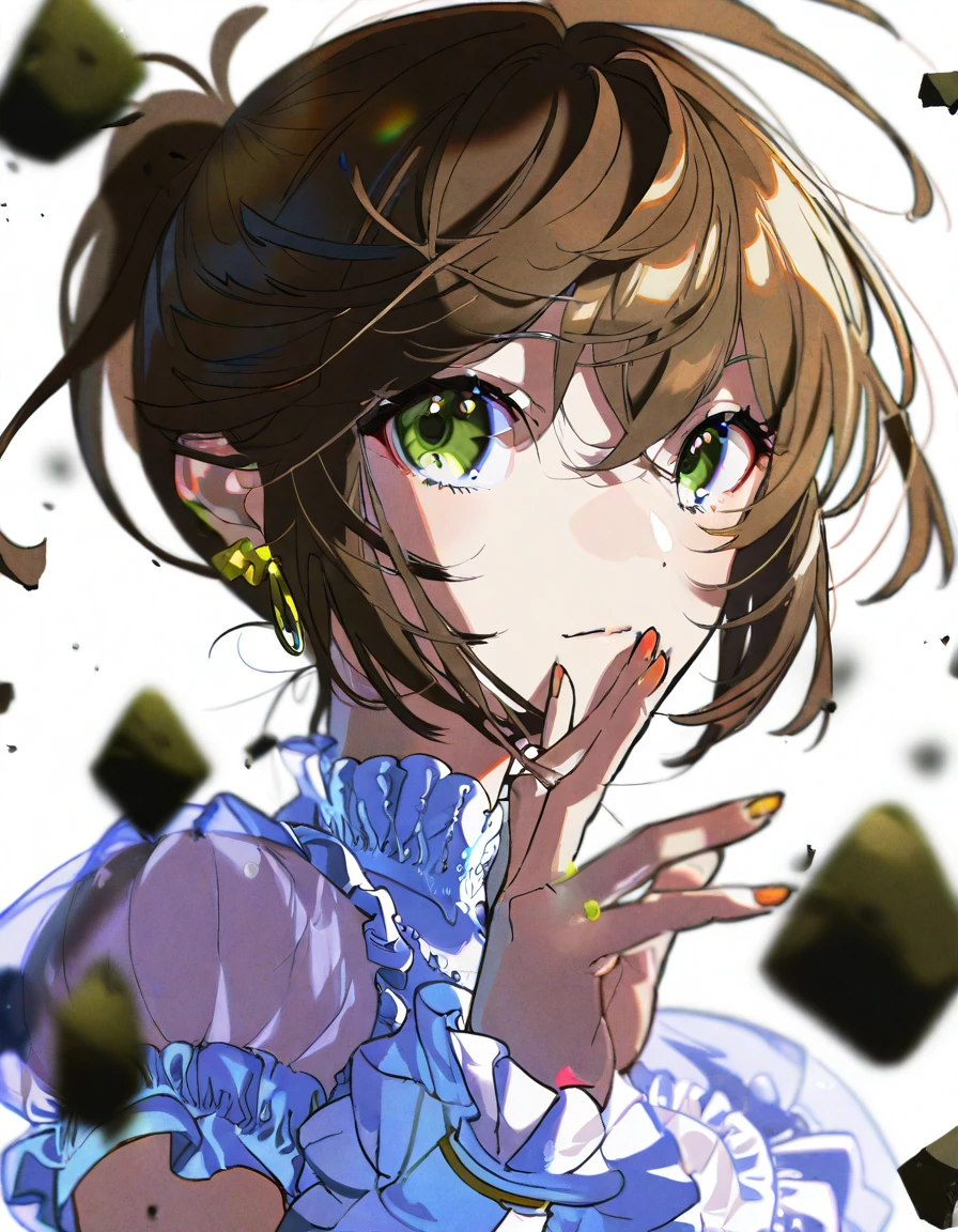 1girl, hand up, upper body, debris, 独奏, long hair, looking at viewer, see-through, hair between eyes, green eyes, brown hair, floating hair, bangs, closed mouth, wrist cuffs, short sleeves, earrings, jewelry, frills, blurry, chromatic aberration, white background, amazing quality, detailed, Single ponytail