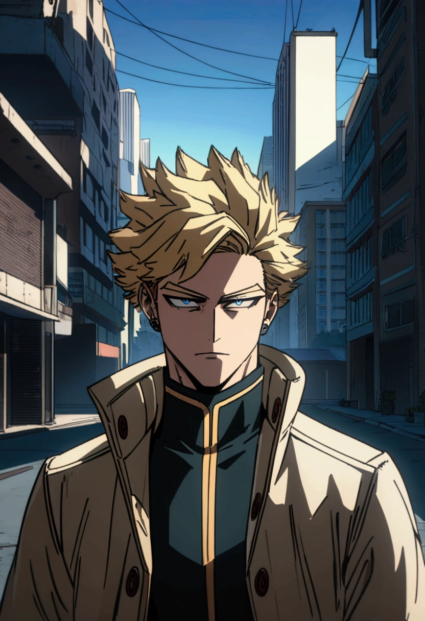  A man, blond hair, piercing blue eyes, detailed facial features, handsome, well-groomed, distinguished, confident expression, wearing a "My Hero Academia" jacket  , urban city background, my hero academy art style, boku no hero art , 8k, high quality, masterpiece, dramatic lighting, cinematic, vivid colors