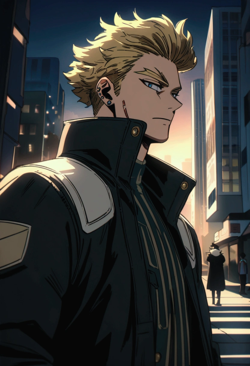  A man, blond hair, piercing blue eyes, detailed facial features, handsome, well-groomed, distinguished, confident expression, wearing a "My Hero Academia" jacket  , urban city background, my hero academy art style, boku no hero art , 8k, high quality, masterpiece, dramatic lighting, cinematic, vivid colors