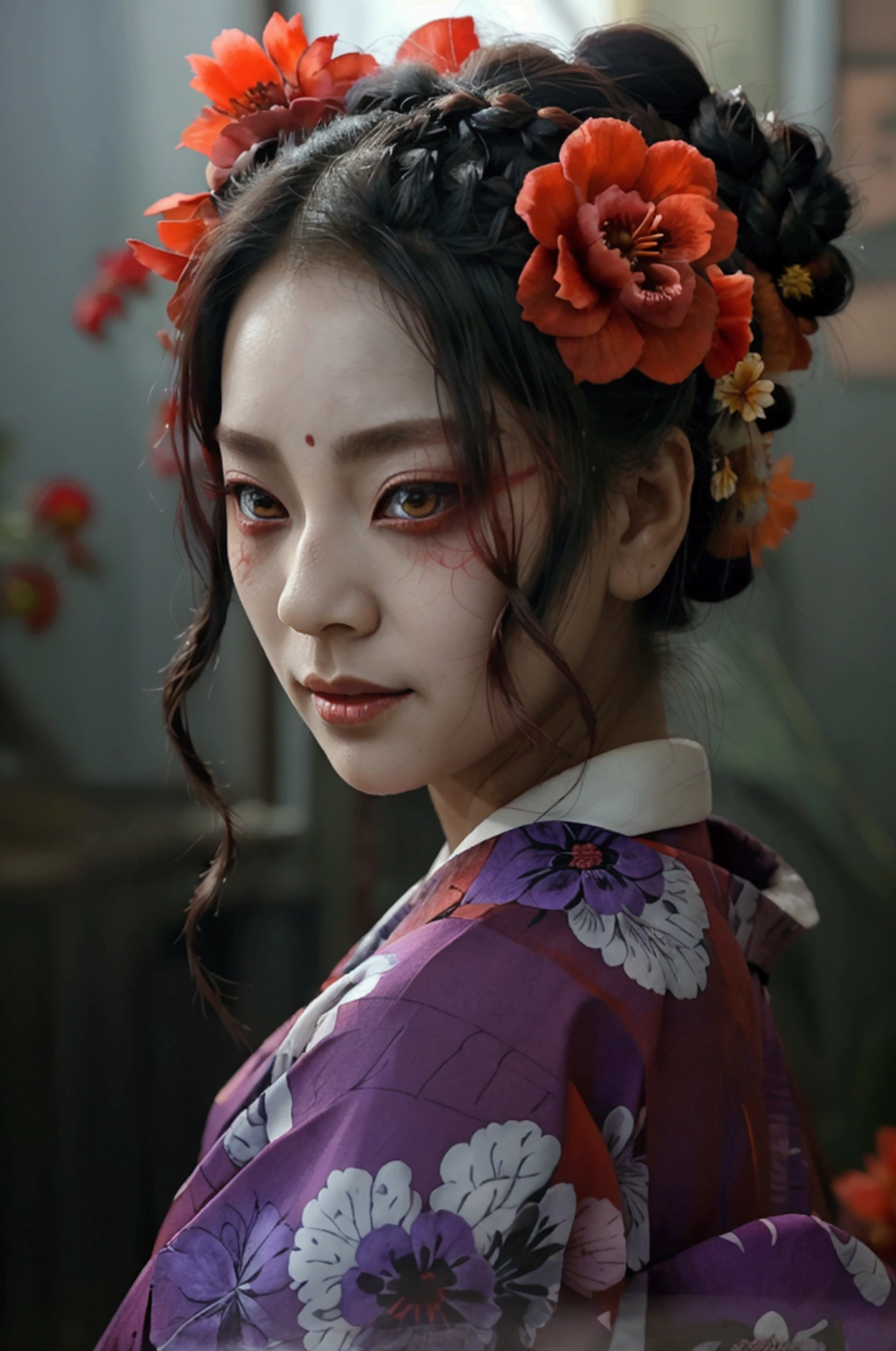 Ubume is a woman of great beauty of medium size, she had long black hair always tied in braided bun. In her hair, she always had a red flower. Her eyes are crimson red. She wears a purple kimono. She has Kanji 下 弦 壱 in her right eye. She has a false maternal smile. Her hands are full of blood [Woman] [Redeyes] [Kanji 下 弦 壱 in the right eye] [Dark Hair] [Great Beauty]