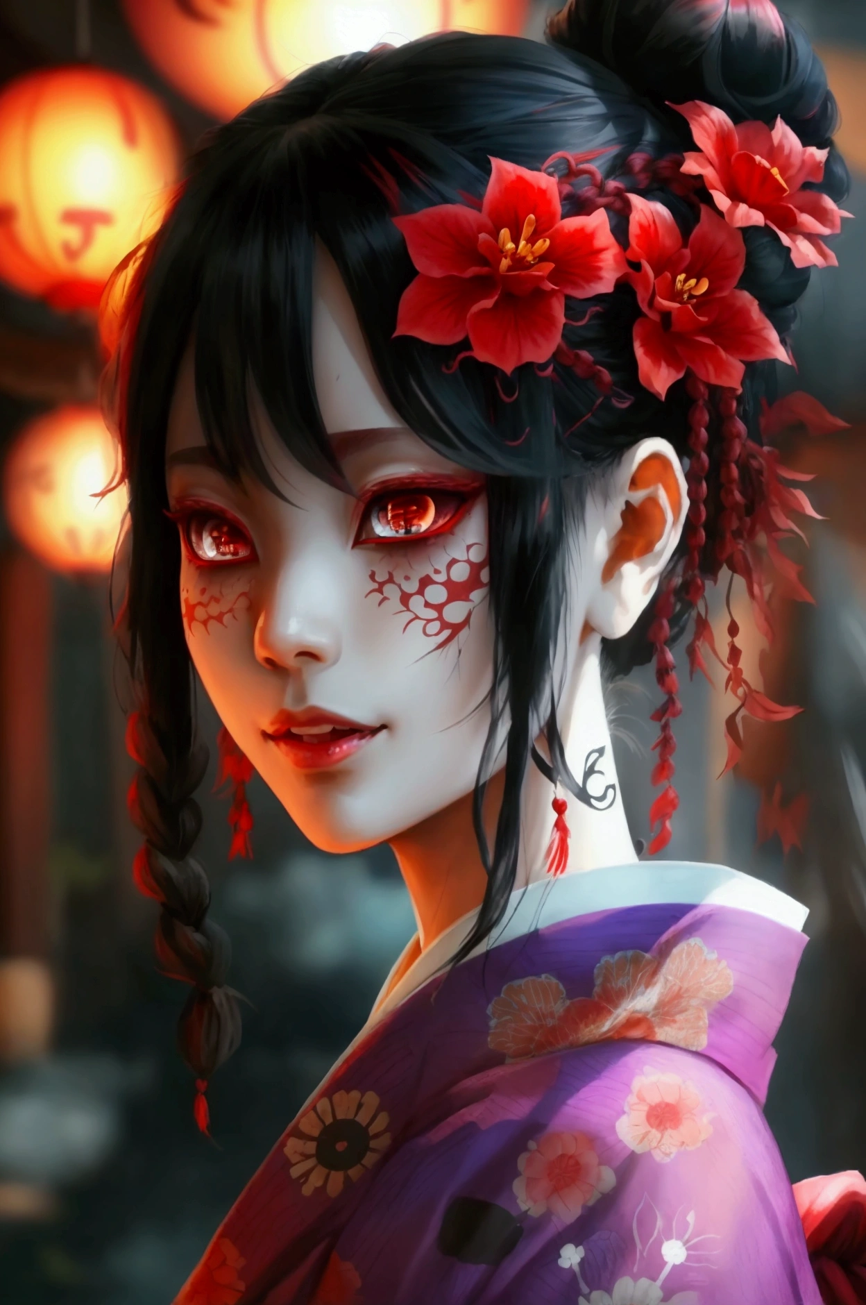 Ubume is a woman of great beauty of medium size, she had long black hair always tied in braided bun. In her hair, she always had a red flower. Her eyes are crimson red. She wears a purple kimono. She has Kanji 下 弦 壱 in her right eye. She has a false maternal smile. Her hands are full of blood [Woman] [Redeyes] [Kanji 下 弦 壱 in the right eye] [Dark Hair] [Great Beauty]